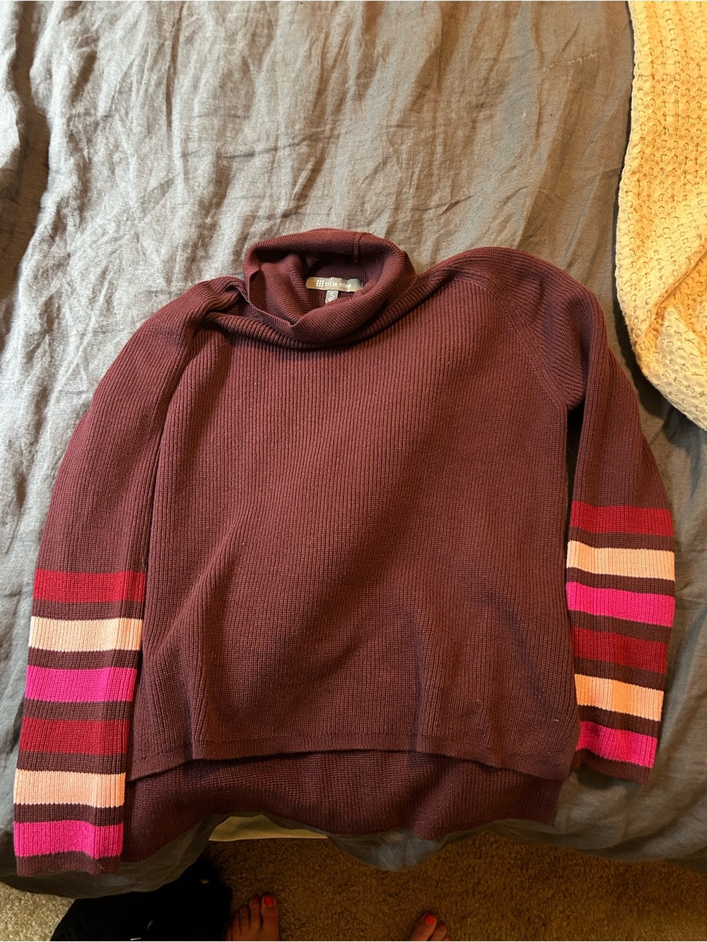 Title Nine Burgundy Turtleneck Sweater with Colorblock Striped Sleeves